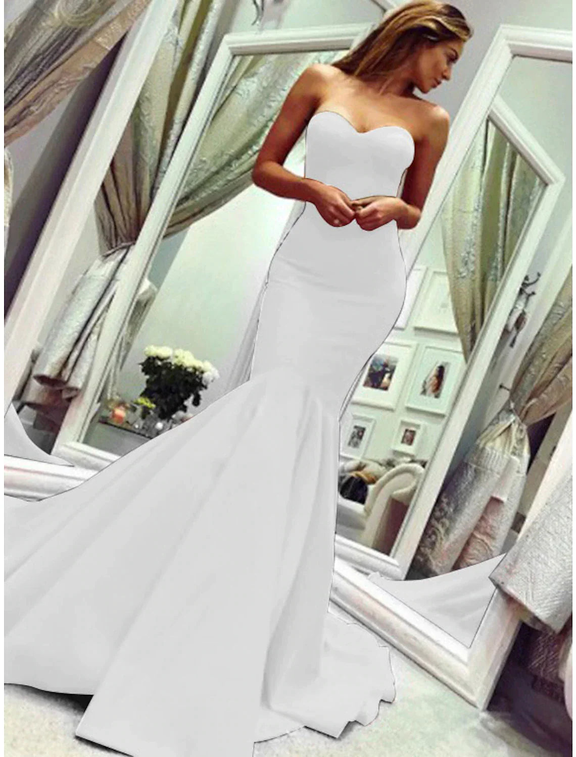 Mermaid Party Dress Minimalist Sexy Wedding Guest Formal Evening Valentine¡®s Day Dress Strapless Sleeveless Court Train with Pleats