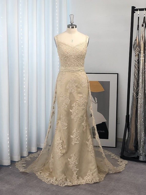 Sleeveless Straps Sweep/Brush Train Lace Tulle Dresses