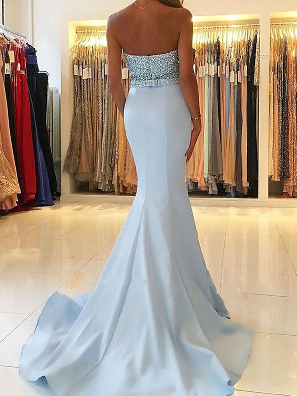 Sleeveless Sweetheart Sweep/Brush Train Beading Satin Dresses