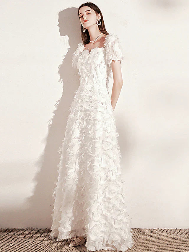 Evening Gown Minimalist Dress Wedding Guest Floor Length Short Sleeve Scoop Neck Nylon with Feather Pure Color