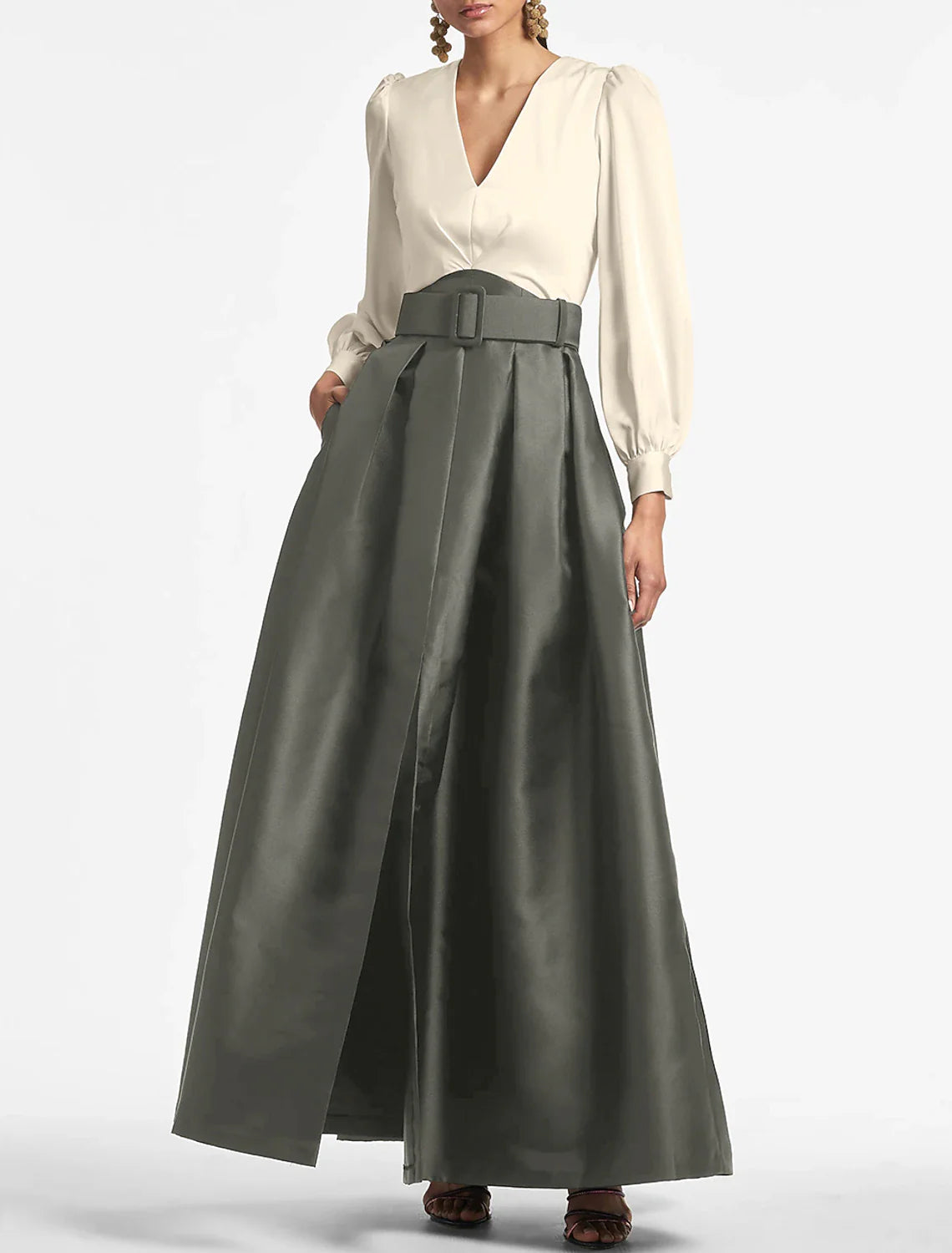 A-Line Evening Gown Party Dress Elegant Dress Formal Wedding Guest Floor Length Short Sleeve V Neck Belt / Sash Satin