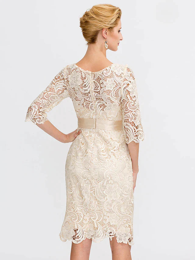 Sheath / Column Mother of the Bride Dress Formal Wedding Guest Plus Size Elegant Illusion Neck Knee Length All Over Lace 3/4 Length Sleeve with Bow(s)
