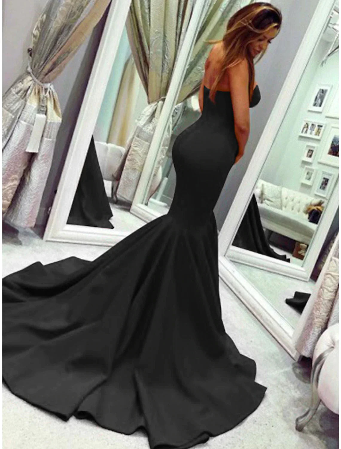 Mermaid Party Dress Minimalist Sexy Wedding Guest Formal Evening Valentine¡®s Day Dress Strapless Sleeveless Court Train with Pleats