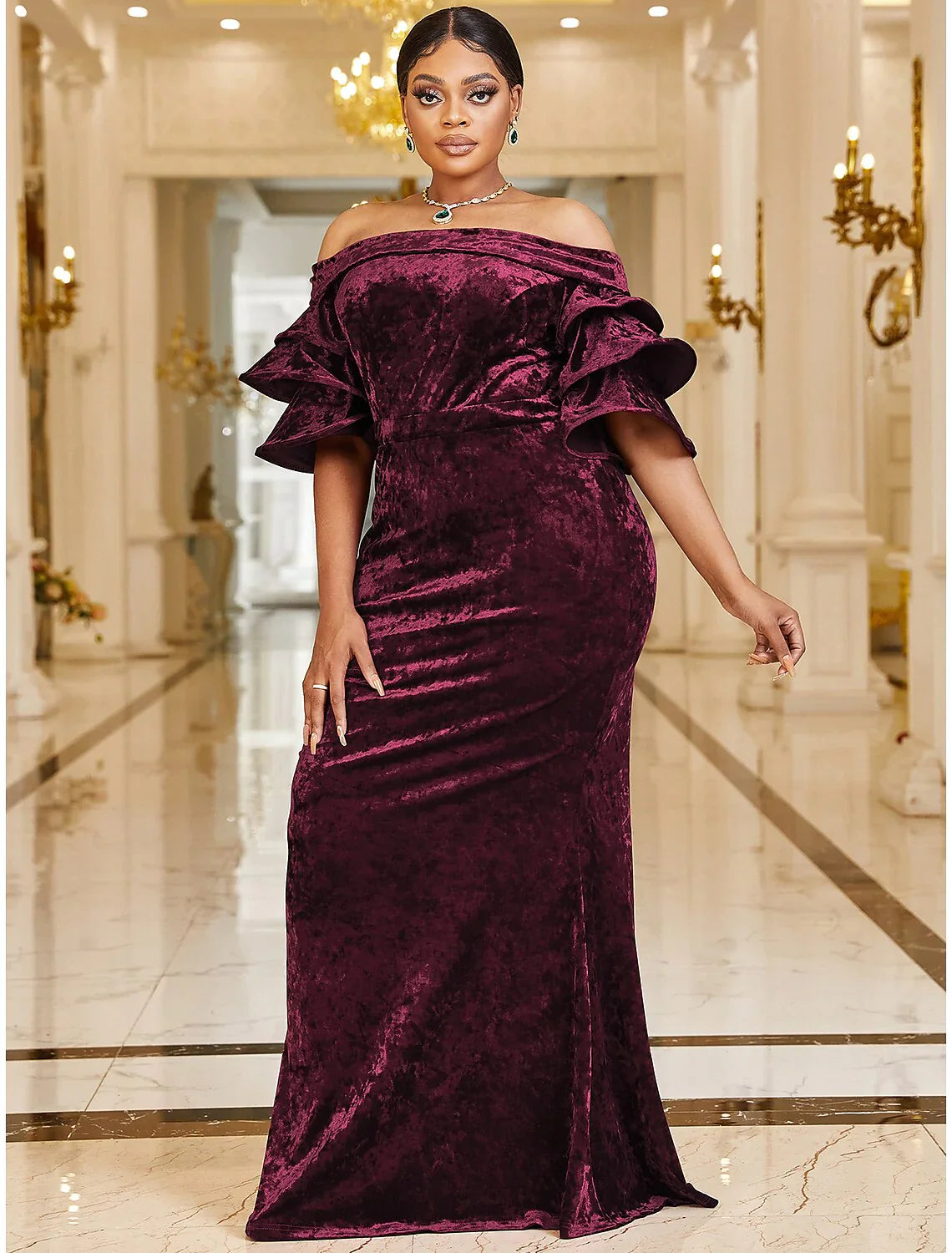 Mermaid / Trumpet Wedding Guest Dresses Plus Size Dress Cocktail Party Sweep / Brush Train Half Sleeve Off Shoulder Velvet with Ruffles