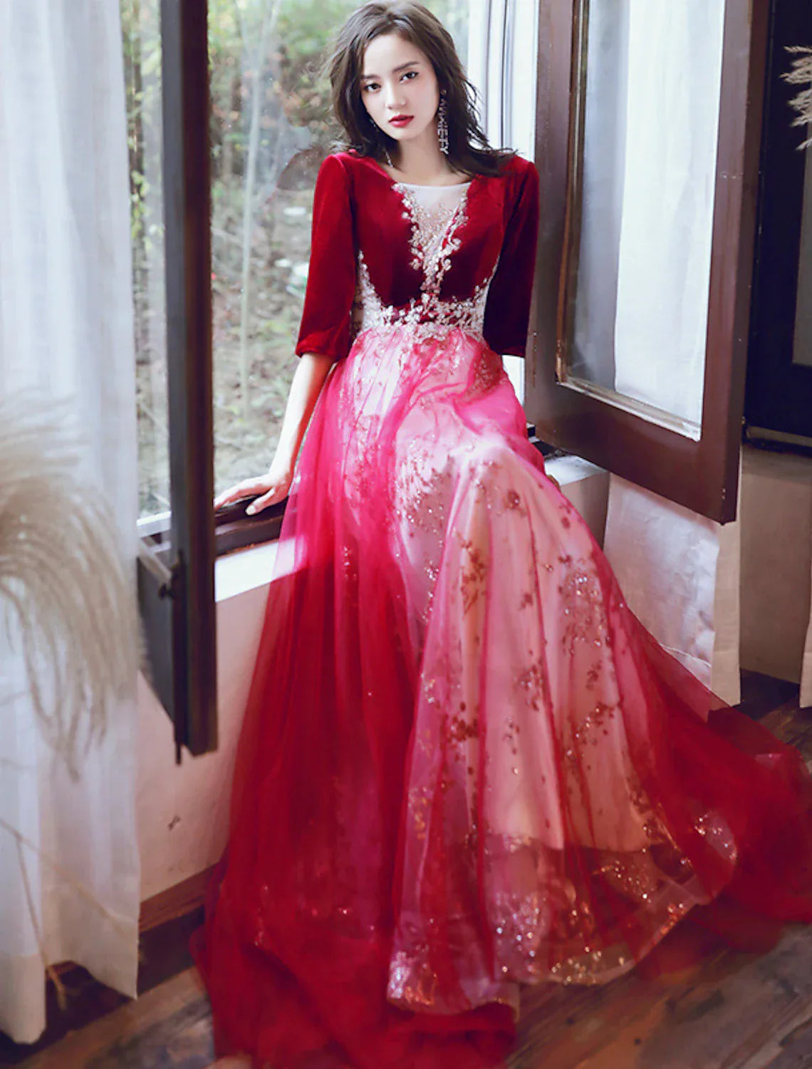 Evening Dress Illusion Neck Half Sleeve Floor Length Velvet with Sequin Appliques
