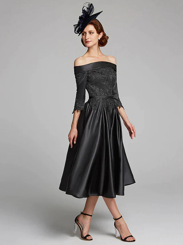 A-Line Mother of the Bride Dress Plus Size Sexy Off Shoulder Tea Length Satin Lace 3/4 Length Sleeve with Lace Sash / Ribbon