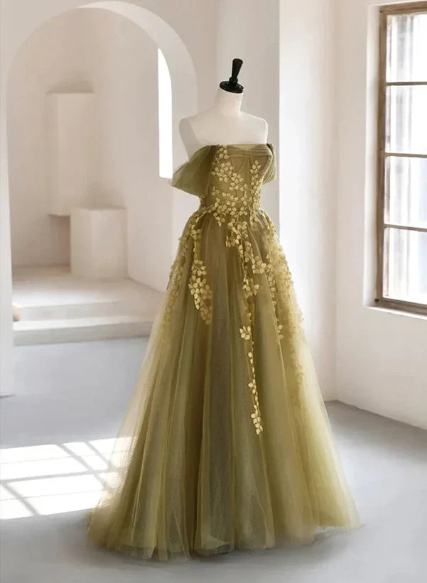 A-line Tulle with Lace Off Shoulder Prom Dress