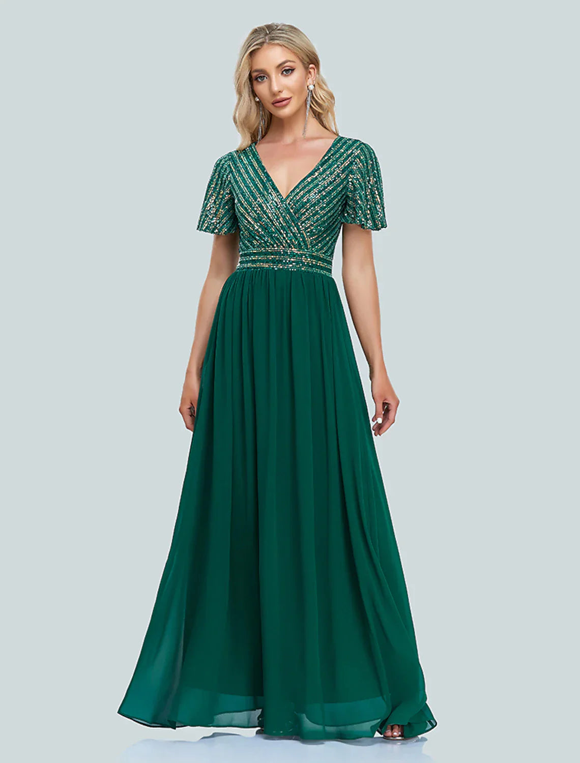 Evening Gown Elegant Dress Christmas Floor Length Short Sleeve V Neck Sequined with Sequin