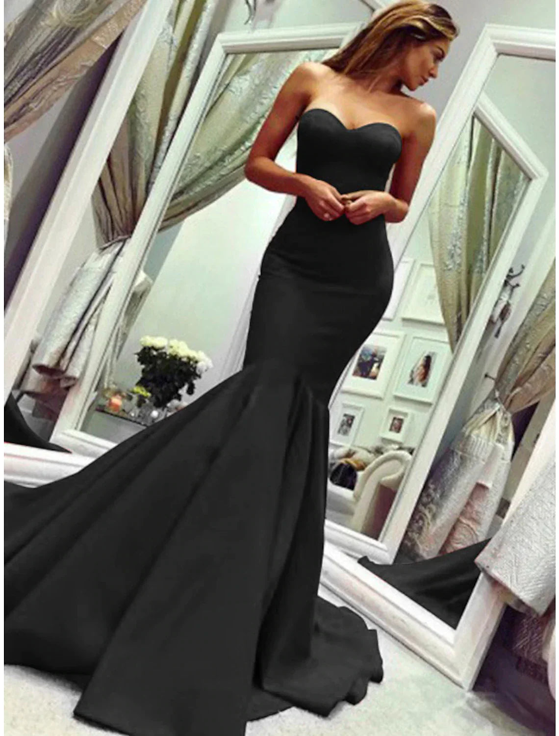 Mermaid Party Dress Minimalist Sexy Wedding Guest Formal Evening Valentine¡®s Day Dress Strapless Sleeveless Court Train with Pleats