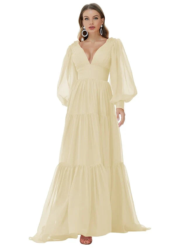A-Line Evening Gown Sexy Dress Party Wear Sweep / Brush Train Long Sleeve V Neck Chiffon with Ruched