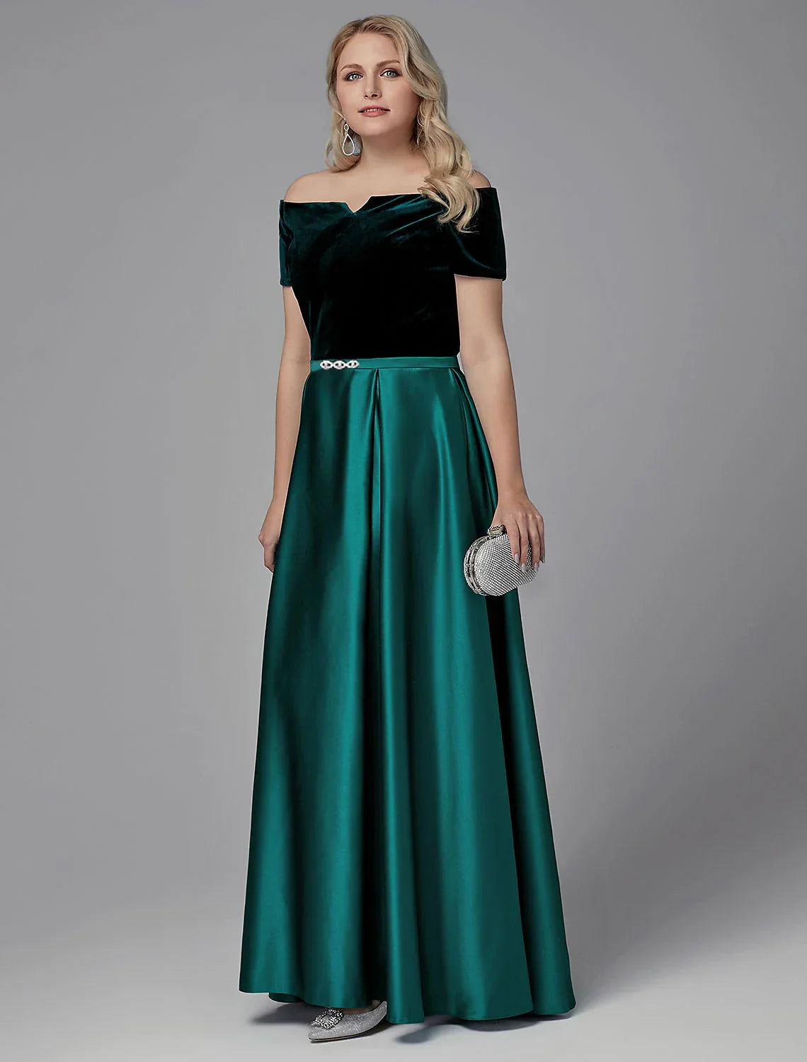 A-Line Evening Dresses Elegant Dress Wedding Guest Formal Evening Floor Length Short Sleeve Off Shoulder Satin with Crystals