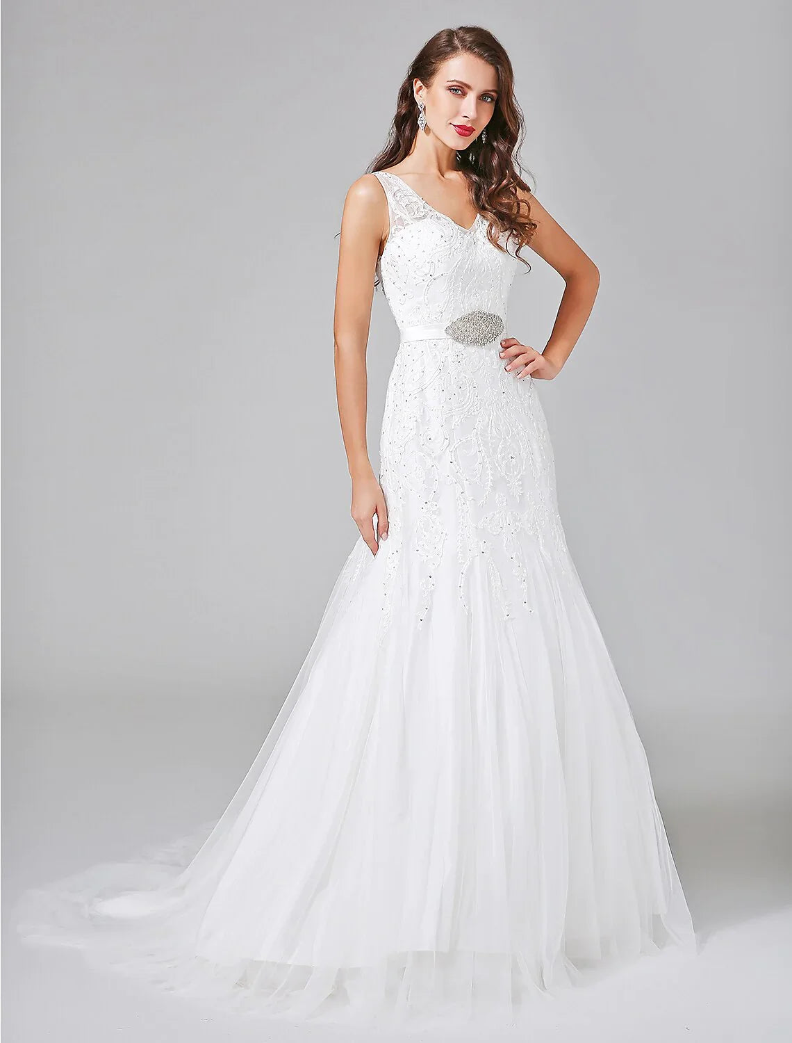 Wedding Dresses A-Line V Neck Sleeveless Court Train Lace Bridal Gowns With Sash / Ribbon Beading