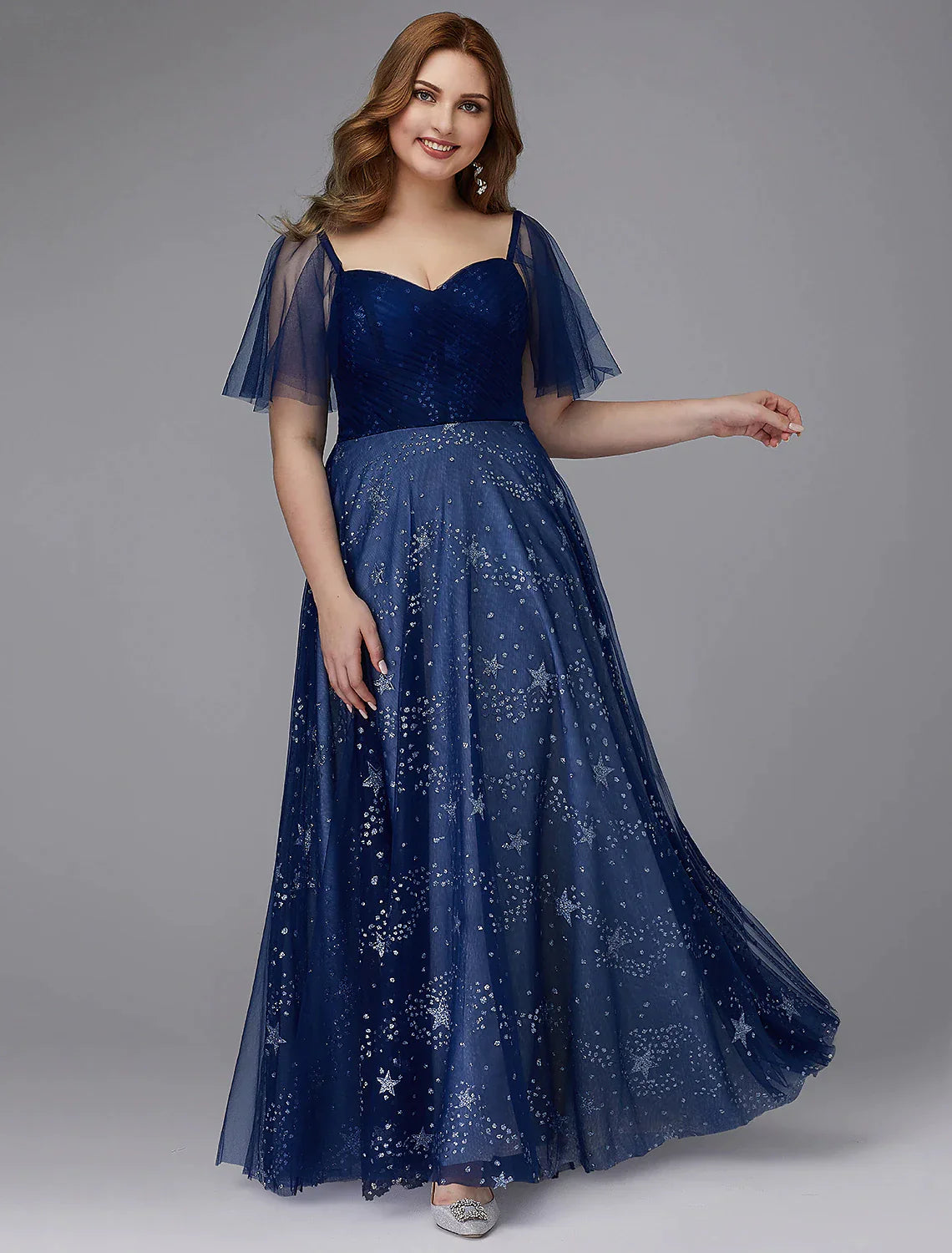 A-Line Plus Size Evening  Dress Floor Length Short Sleeve Sweetheart Tulle Lace-up with Beading Pattern / Print