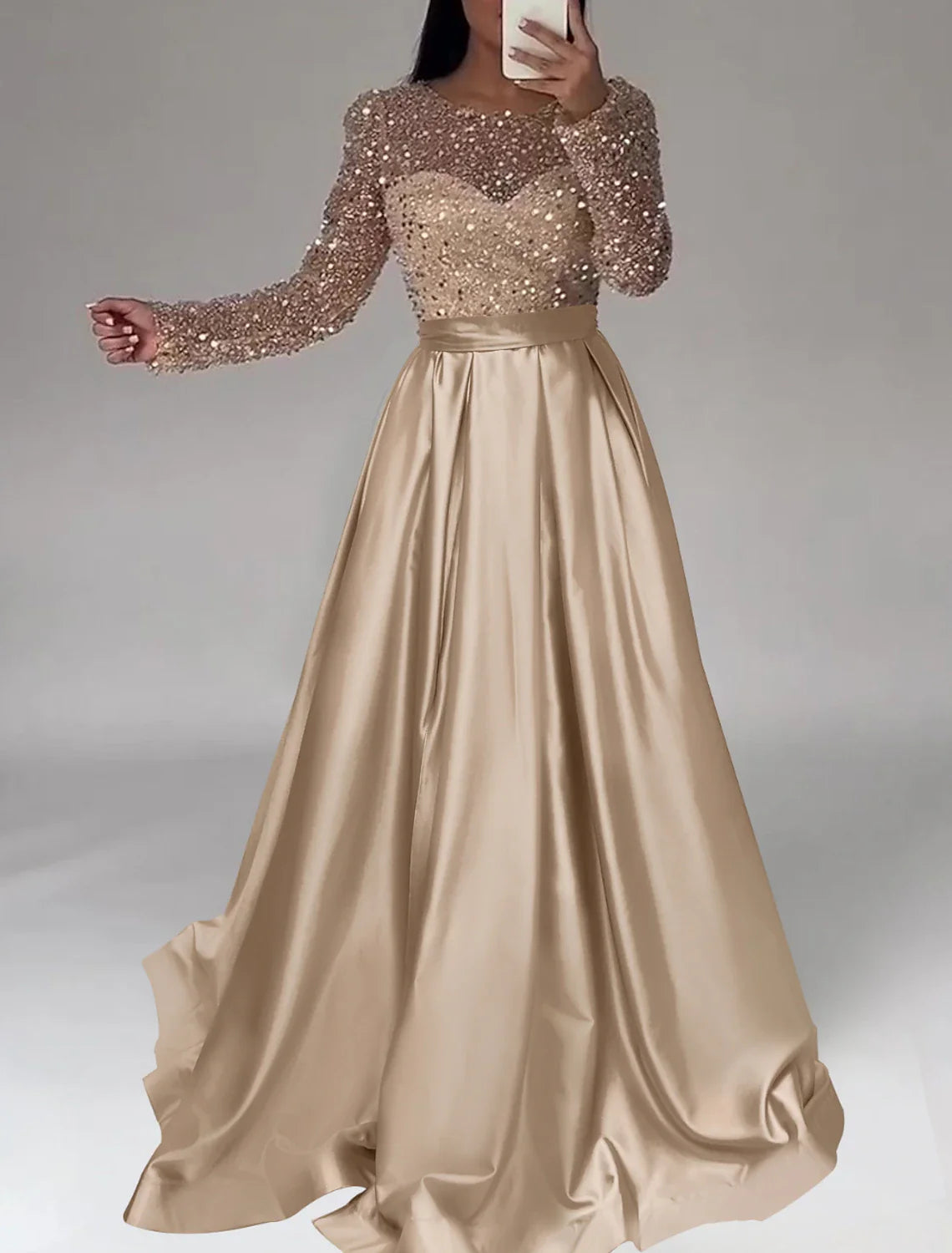 A-Line Evening Gown Elegant Dress Wedding Black Tie Floor Length Long Sleeve Jewel Neck Satin