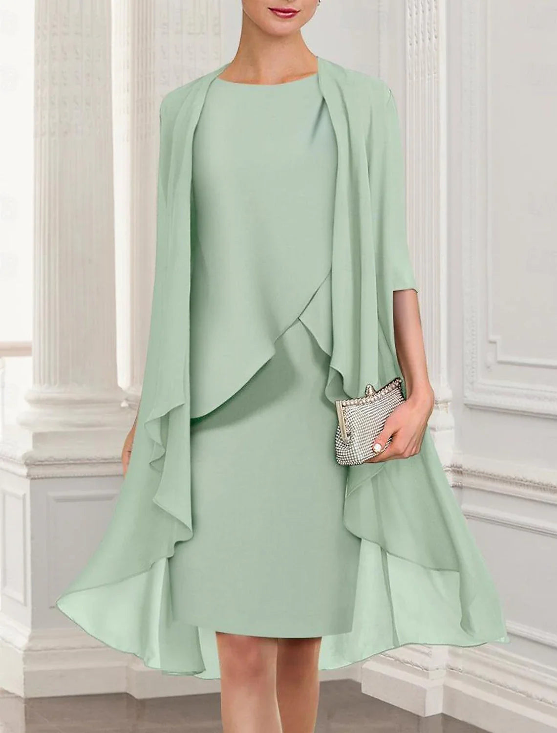 Two Piece Sheath / Column Mother of the Bride Dress Elegant Jewel Neck Knee Length Chiffon Half Sleeve Wrap Included