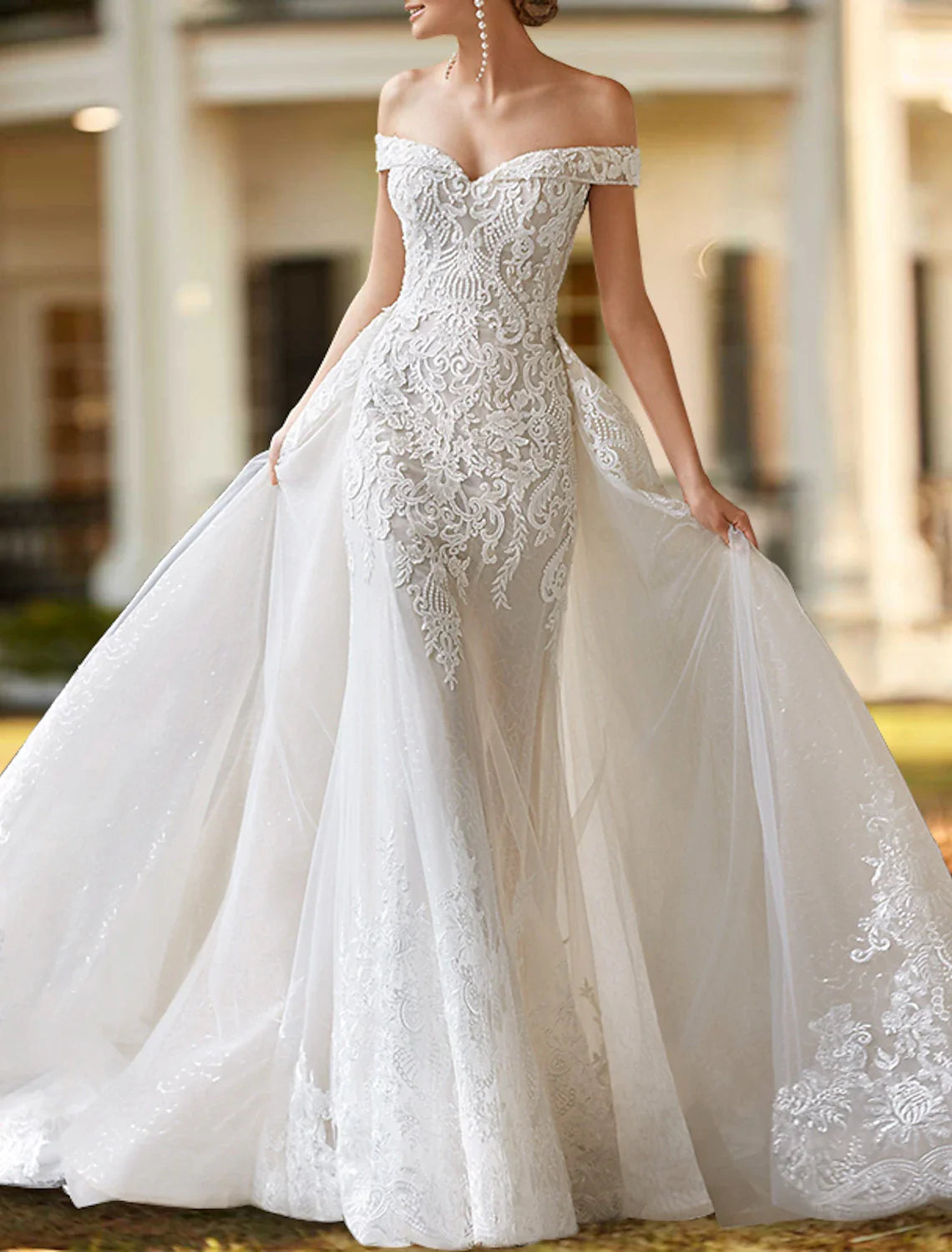 Engagement Formal Wedding Dresses Two Piece Off Shoulder Cap Sleeve Court Train Satin Bridal Gowns