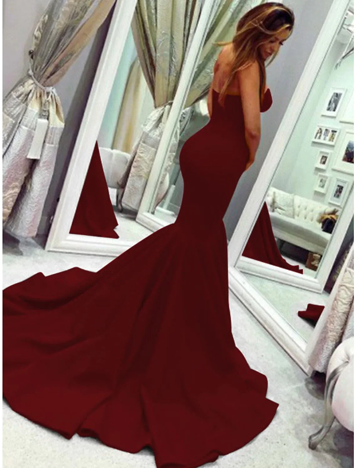 Mermaid Party Dress Minimalist Sexy Wedding Guest Formal Evening Valentine¡®s Day Dress Strapless Sleeveless Court Train with Pleats