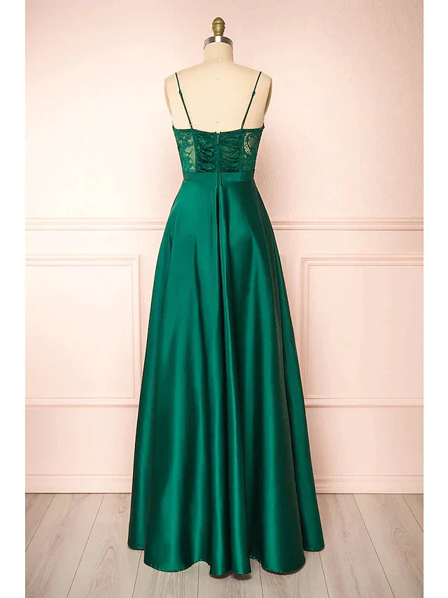 A-Line Prom Dresses See Through Dress Formal Floor Length Sleeveless Sweetheart Satin Backless with Appliques