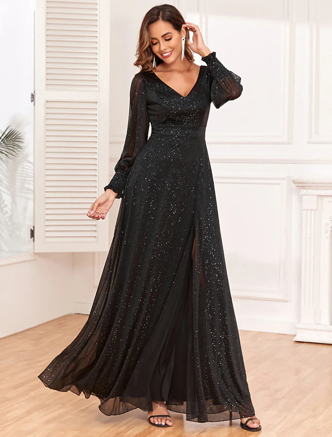Evening Gown Empire Dress Party Wear Floor Length Long Sleeve V Neck Tulle V Back with Glitter Slit