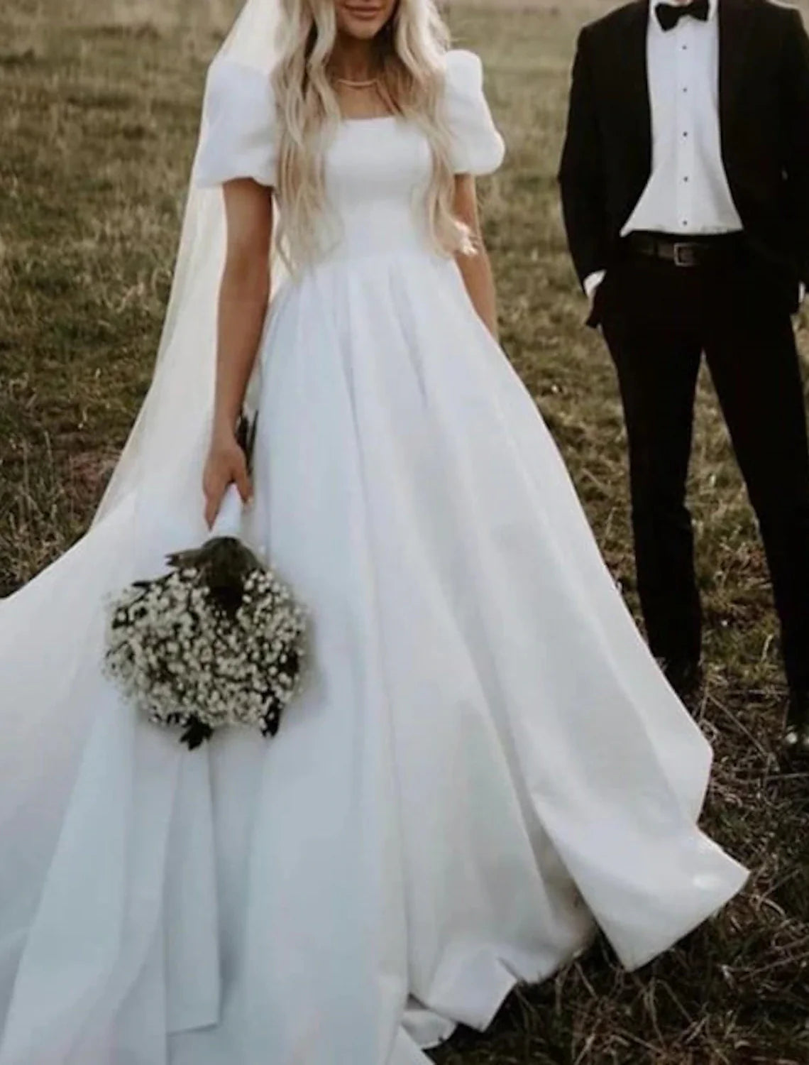 Formal Wedding Dresses Ball Gown Square Neck Short Sleeve Chapel Train Satin Bridal Gowns