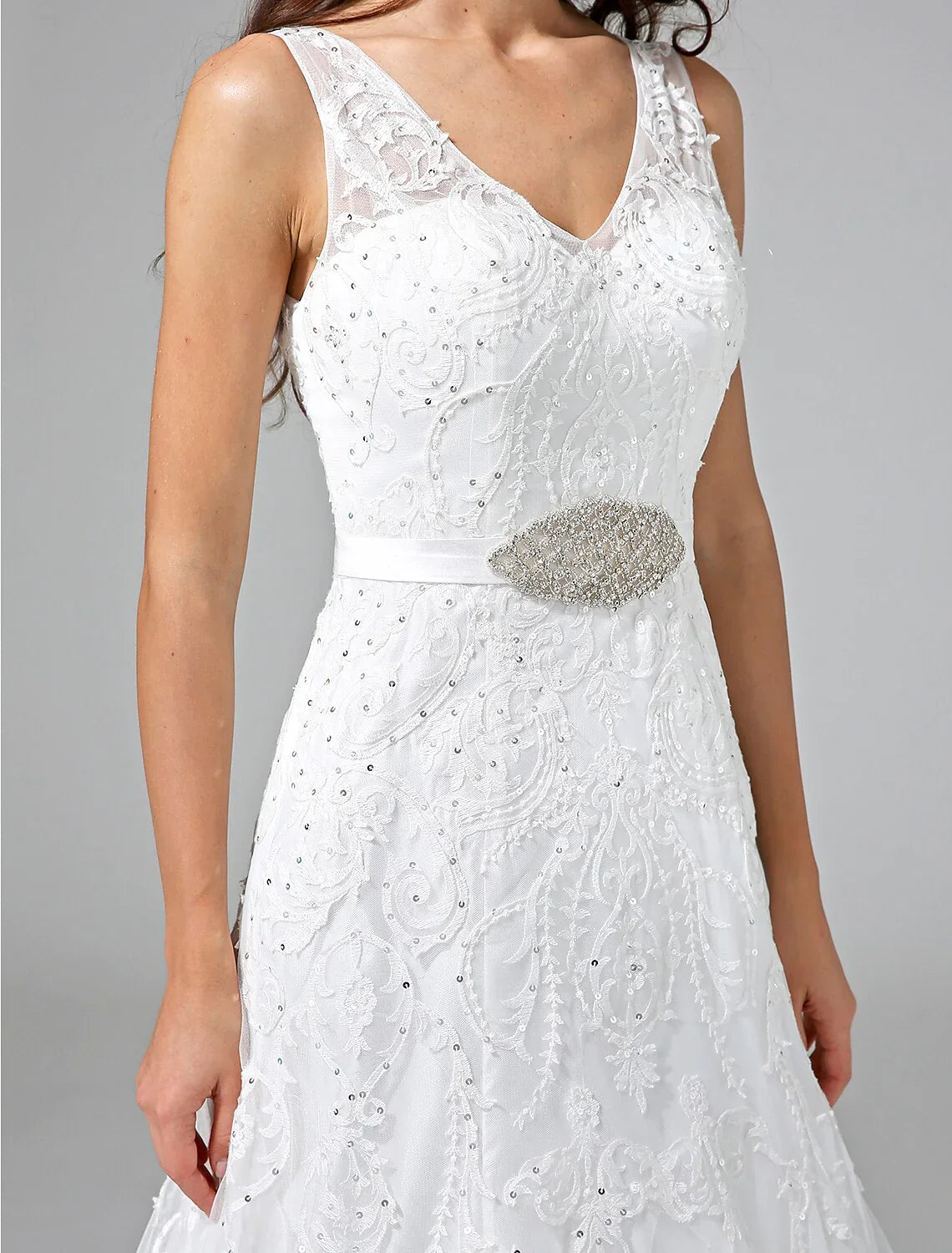 Wedding Dresses A-Line V Neck Sleeveless Court Train Lace Bridal Gowns With Sash / Ribbon Beading