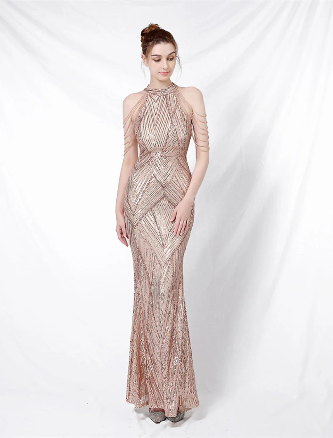 Evening Gown Sparkle & Shine Dress Formal Floor Length Short Sleeve High Neck Sequined Backless with Crystals Sequin