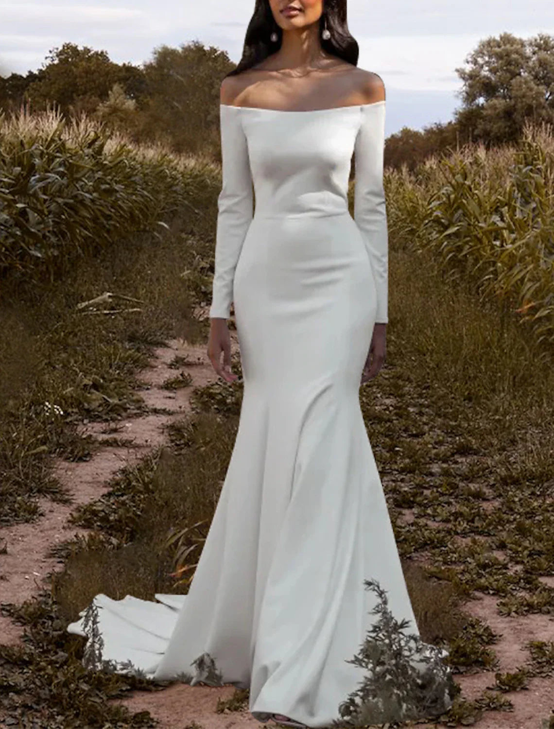Hall Simple Wedding Dresses Mermaid / Trumpet Off Shoulder Long Sleeve Court Train Stretch Fabric Bridal Gowns