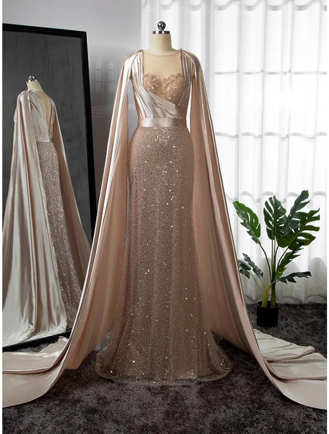 Evening Gown Elegant Dress Formal Court Train Long Sleeve Illusion Neck Stretch Satin with Pleats Ruched Beading