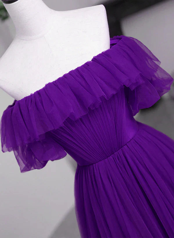 Dark Purple Tulle Off Shoulder Long Party Prom Dress