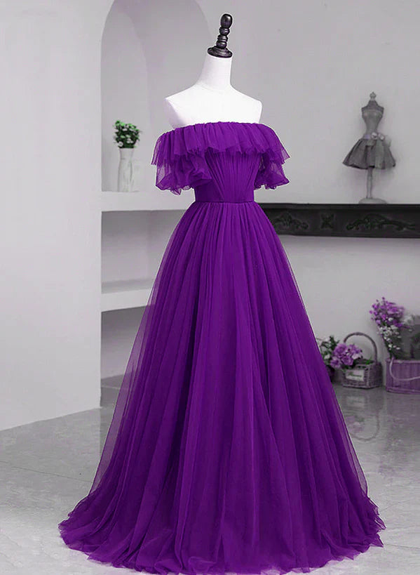 Dark Purple Tulle Off Shoulder Long Party Prom Dress