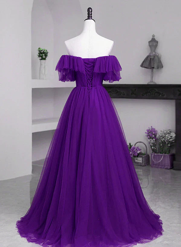 Dark Purple Tulle Off Shoulder Long Party Prom Dress