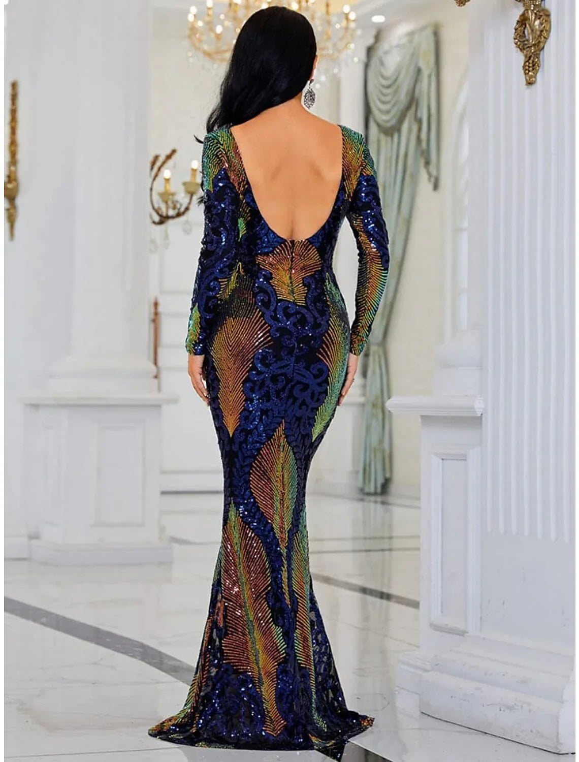 Evening Gown Elegant Dress Formal Sweep / Brush Train Long Sleeve Scoop Neck Sequined with Glitter Pleats