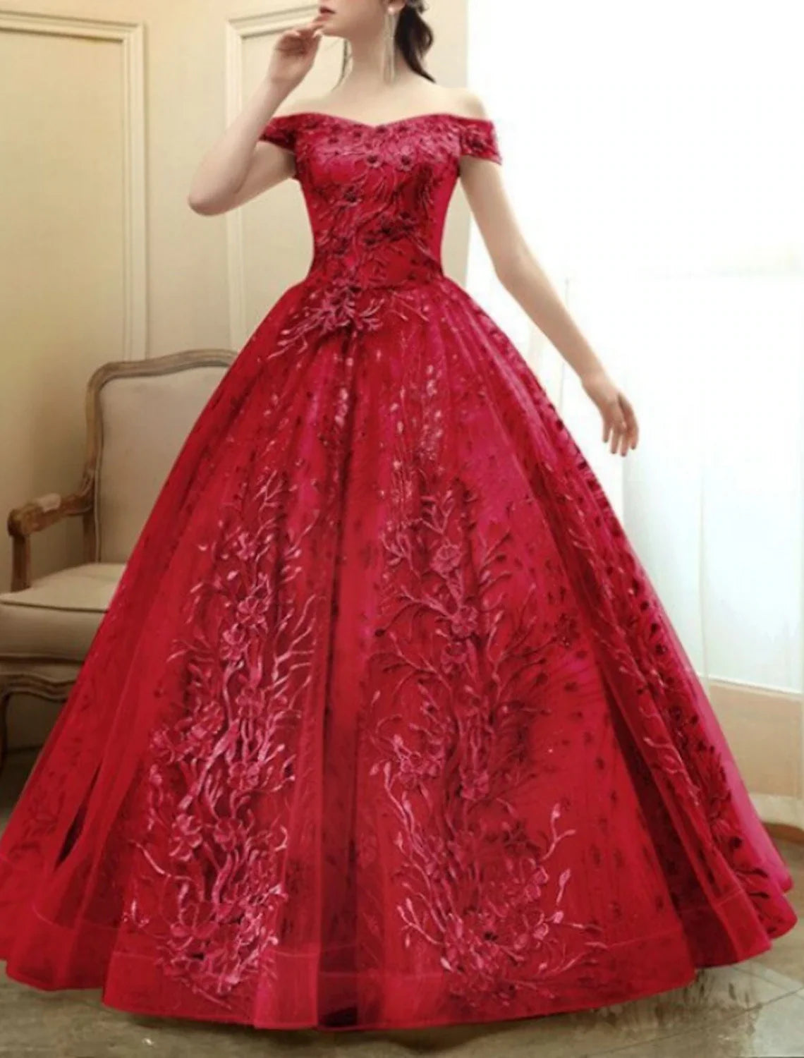 A-Line Prom Dresses Elegant Dress Formal Floor Length Short Sleeve Off Shoulder Tulle
