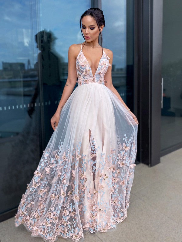 Applique Tulle V-neck Sleeveless Floor-Length Dresses