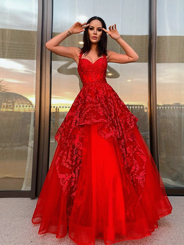Straps Tulle Sleeveless Floor-Length Applique Dresses