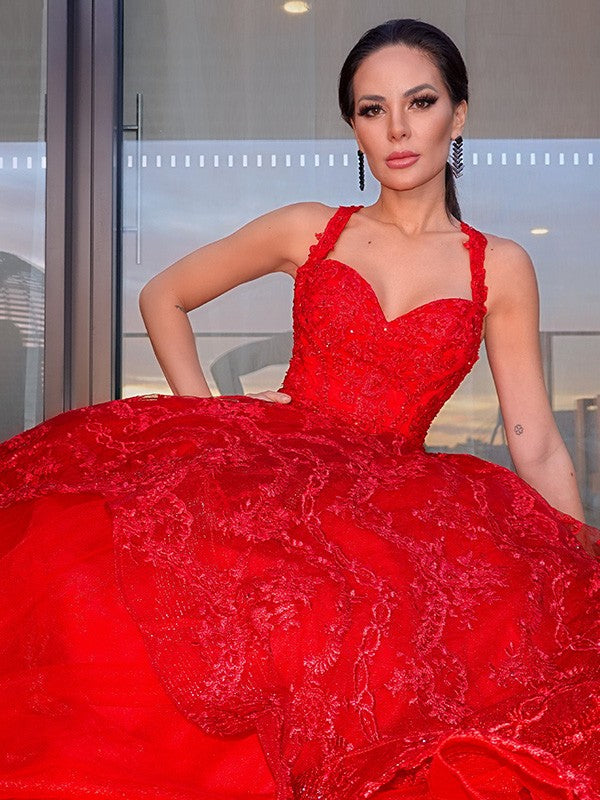 Straps Tulle Sleeveless Floor-Length Applique Dresses