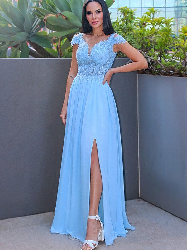 Off-the-Shoulder Sleeveless Chiffon Applique Dresses