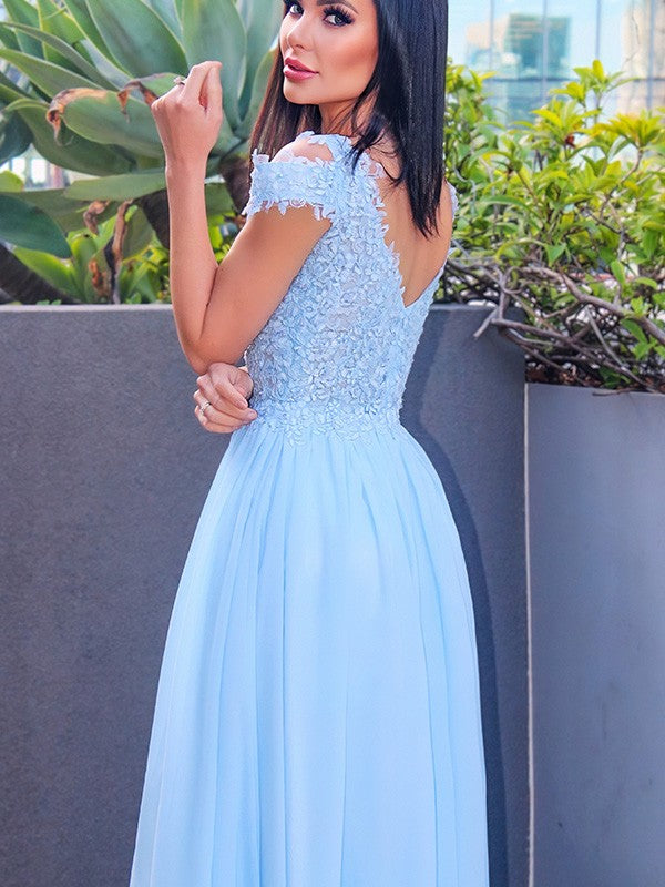 Off-the-Shoulder Sleeveless Chiffon Applique Dresses
