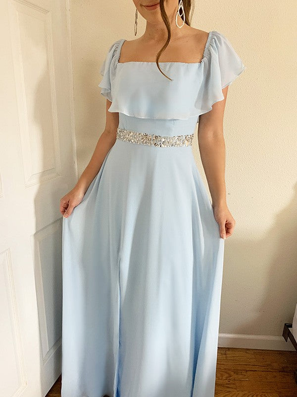 Off-the-Shoulder Beading Chiffon Floor-Length Sleeveless Dresses