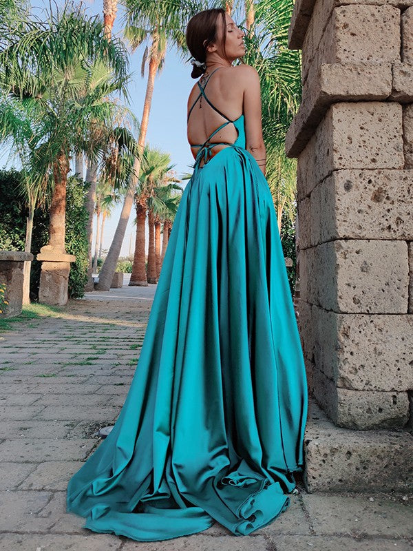 Straps Sleeveless Sweep/Brush Train Ruffles Silk like Satin Dresses