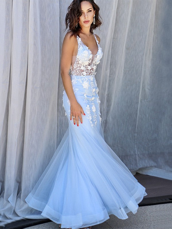 Tulle V-neck Sleeveless Applique Floor-Length Dresses