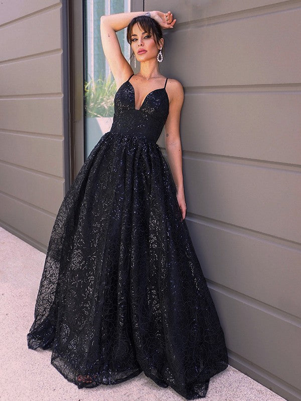 V-neck Lace Sleeveless Sequin Sweep/Brush Train Dresses