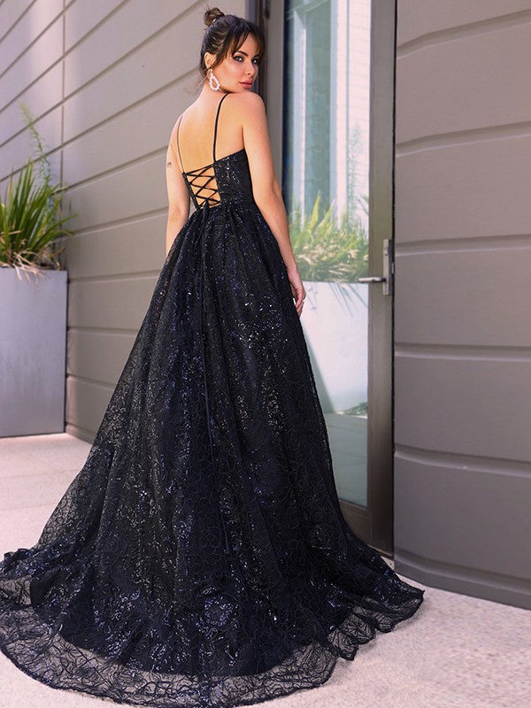 V-neck Lace Sleeveless Sequin Sweep/Brush Train Dresses