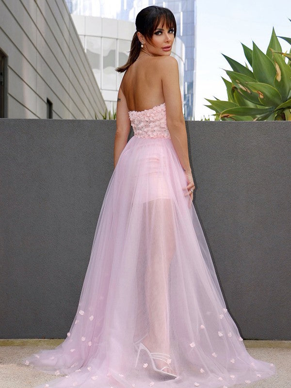 Hand-Made Flower Tulle Sleeveless Sweetheart Sweep/Brush Train Dresses
