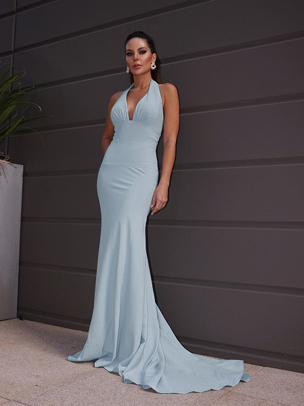 Sheath/Column Halter Ruched Sleeveless Sweep/Brush Train Dresses