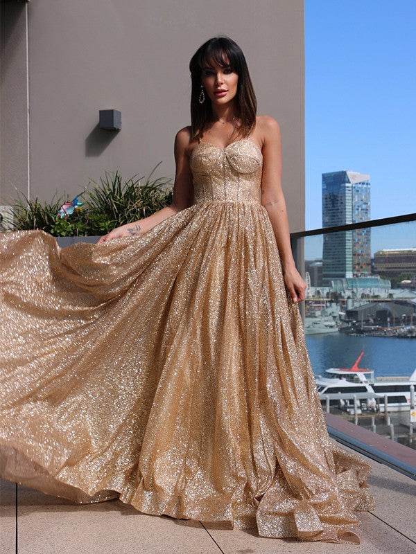 Spaghetti Straps Sequins Sleeveless Ruffles Sweep/Brush Train Dresses