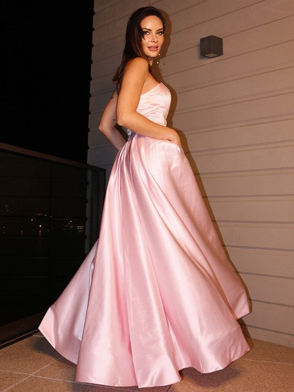 Satin Ruffles Sleeveless Strapless Floor-Length Dresses