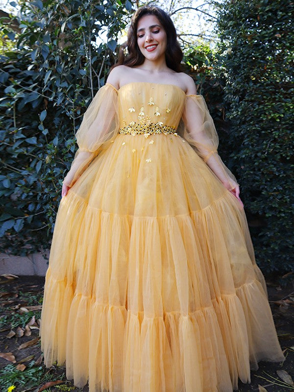 Tulle Beading Off-the-Shoulder Long Sleeves Floor-Length Dresses