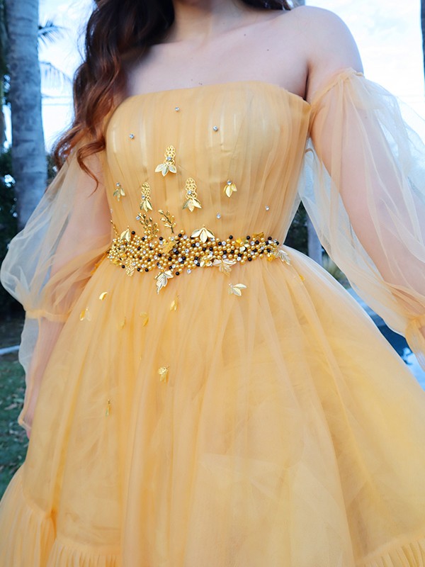 Tulle Beading Off-the-Shoulder Long Sleeves Floor-Length Dresses