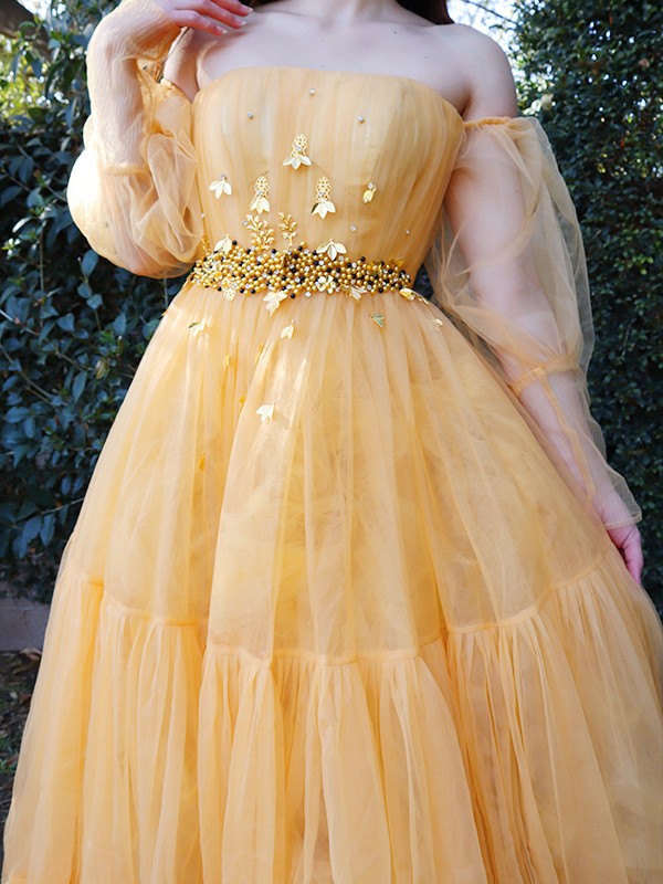 Tulle Beading Off-the-Shoulder Long Sleeves Floor-Length Dresses